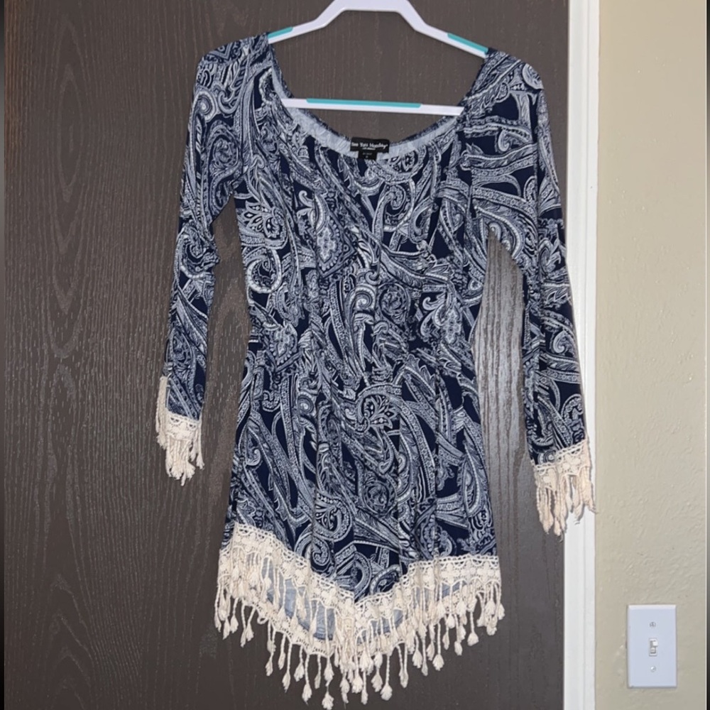 see you monday blue paisley long sleeved romper